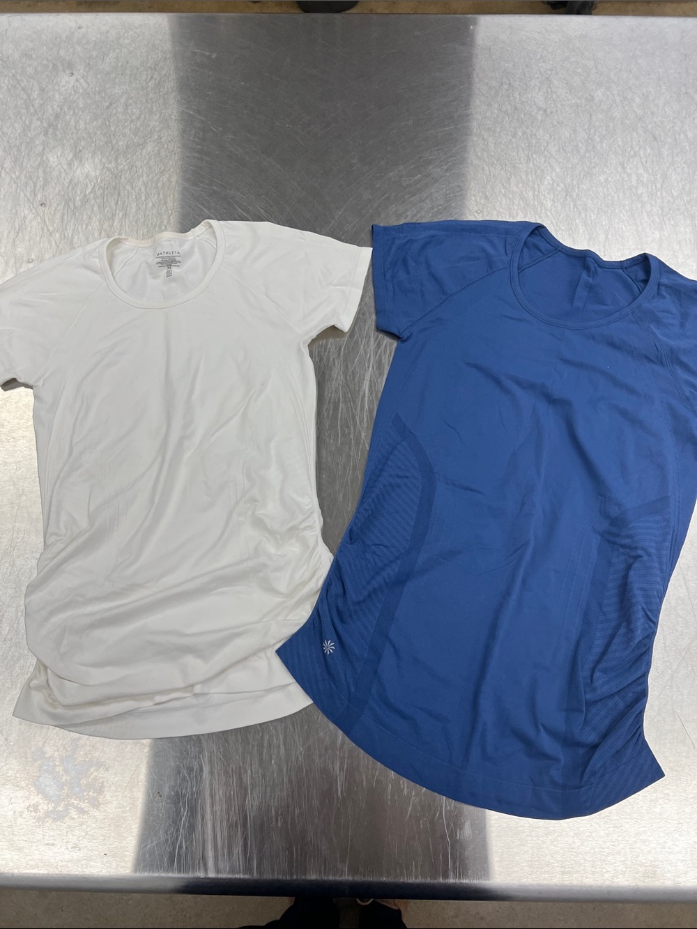 Athleta Woen’s Short Sleeve Running Crew Tees in White XS and Blue S